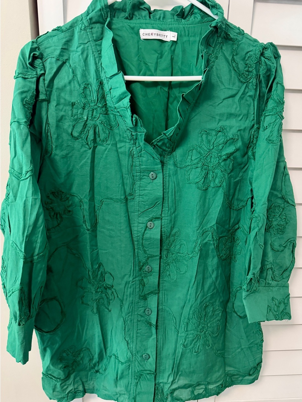 Cherrybetty Green 100% Cotton Embroidered Floral Ruffle Blouse Size Large - Picture 2 of 8